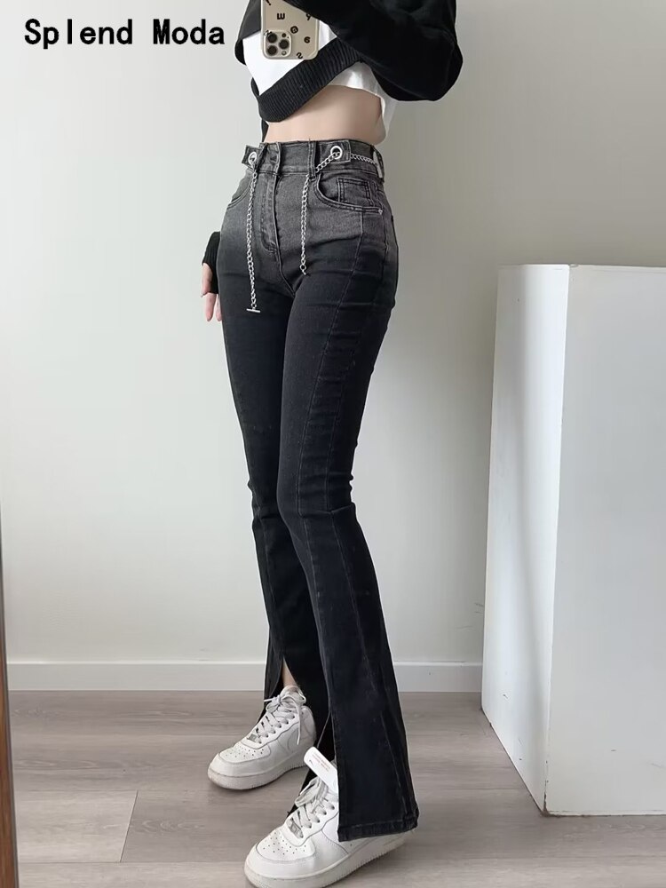 Splend Moda Women Fashion Streetwear Style High Waist Denim Skinny Slit Pants Sexy Hot Girl Slim Gradient Jeans Chic Sashes Pant
